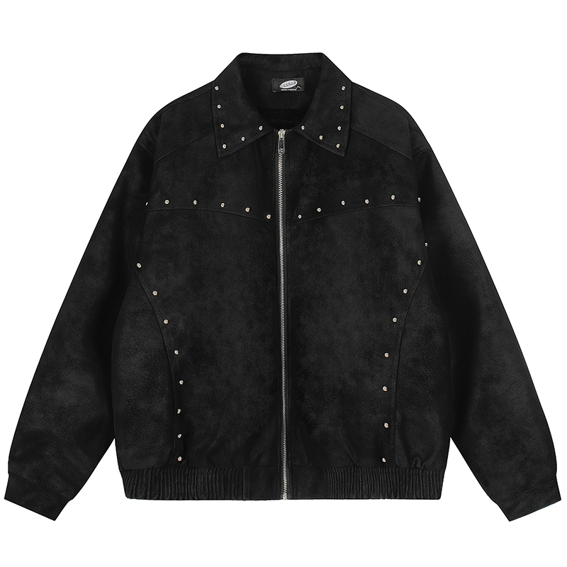 OV原创美式复古铆钉设计做旧PU皮衣女冬季宽松加绒保暖情侣外套潮