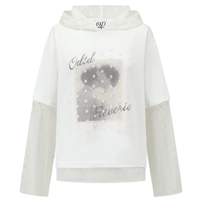 ODTD春夏蕾丝印花假两件连帽卫衣