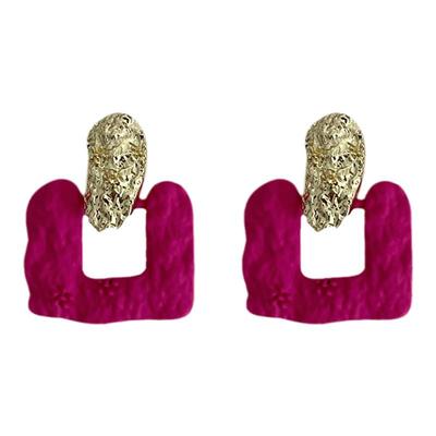 夏季时髦撞色玫红方形ins耳环