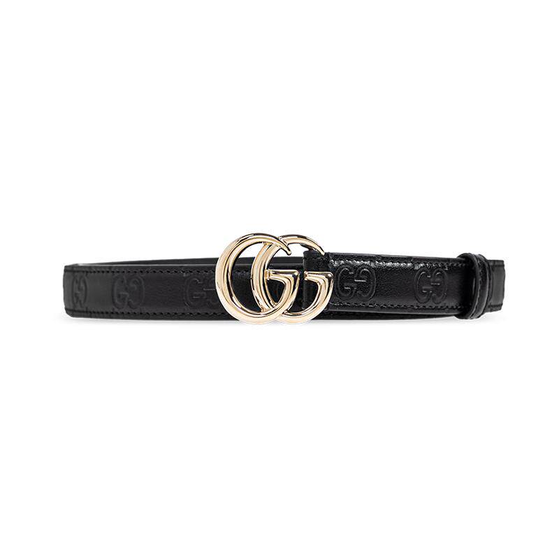 【自营】GUCCI古驰双G标识腰带扣窄版GG 皮革皮带女款黑色宽2cm