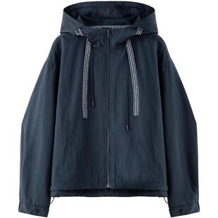 LAGOGO蓝格闲行藏青连帽外套女拉谷谷2026春新款抽绳休闲宽松上衣