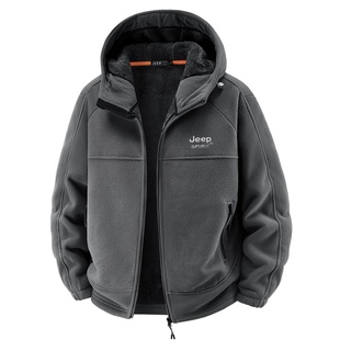 吉普加绒加厚卫衣男士冬季保暖连帽抓绒衣爸爸装休闲运动外套男款