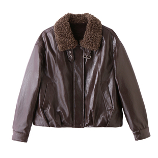 加绒加厚皮衣女短款2025冬季新款宽松显瘦百搭机车大毛领PU皮外套