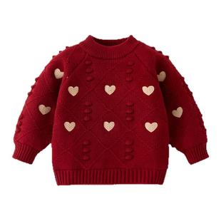 女童毛衣红色2025新款女宝宝洋气马年衣服毛线衣内搭冬加厚打底衫