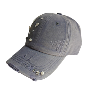 原创手工钉珠重工水钻做旧破洞牛仔秋冬显脸小宽帽檐女灰色鸭舌帽