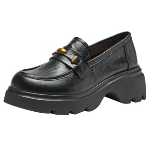 热风厚底乐福鞋女2026年春季新款英伦风黑色小皮鞋百搭增高女鞋子