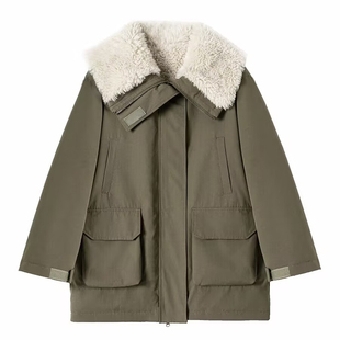 美式工装风派克服女2025冬季长绒棉仿羊羔毛时尚翻领保暧棉服外套