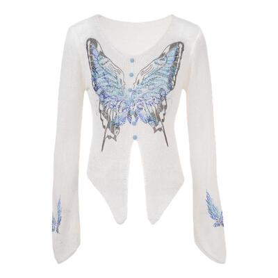 TCH 私服烫钻蝴蝶V领时髦不规则针织衫女2025夏季新款T75A09E5057