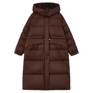 女长款时尚防风百搭过膝简约鹅绒加厚韩版休闲收腰带帽皮草羽绒服