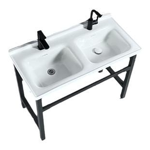 陶瓷一体盆双盆洗脸盆双龙头孔洗手盆两用台盆家用 阳台双池架子