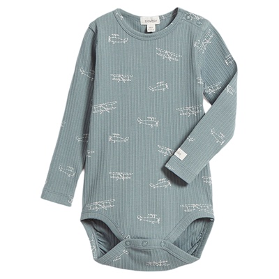 Newbie瑞典童装秋冬婴儿有机棉松石绿罗纹印花爬服萌趣亲肤保暖