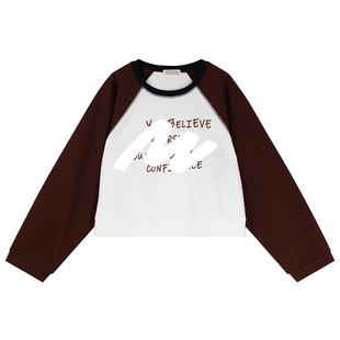 复古插肩袖宽松印花上衣胖莹莹大码女装秋季休闲风撞色明线T恤衫