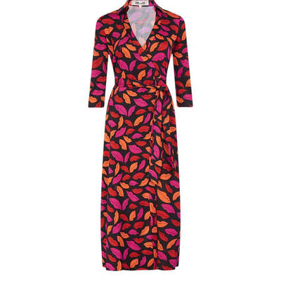 DVF红唇印花桑蚕丝度假裹身裙