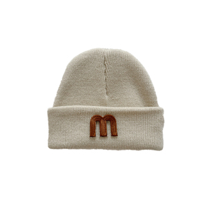 秋冬季针织帽婴儿帽子m字母标瓜皮小月龄宝宝保暖毛线帽黑色灰色