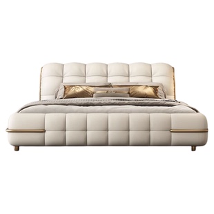 现代简约主卧大床真皮床1.8米双人床轻奢软包婚床储物床白色泡芙