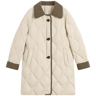 KBNE巴恩风菱形格中长款羽绒服女2025冬季新款显瘦拼接学院风外套