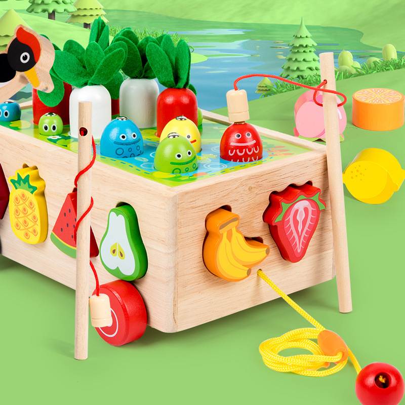 木制儿童早教多功能串珠智力农场拔萝卜拆装益智趣味形状玩具拖车