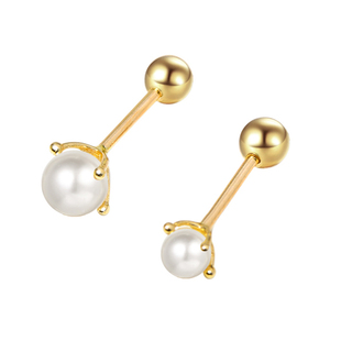 韩国流行韩国10K 14K黄金耳钉女 个性简约小珍珠直杆螺纹耳钉单只