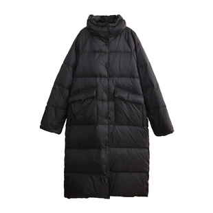 花吉C132黑色长款休闲宽松连帽羽绒服女2025新款冬季通勤直筒外套