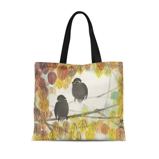 林风眠水墨中国风双栖水鸟国画手提单肩布袋女横向环保收纳布包包