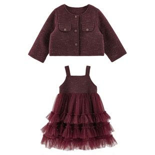 幼悠女童2025冬季新款保暖外套加绒加厚网纱裙女孩小香风套装年服