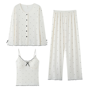 莫代尔睡衣女春秋季带胸垫夏天三件套女款冰丝开衫家居服2025新款