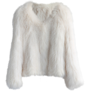 2025年韩版进口白狐狸毛皮草外套短款V领廓形双面编织狐狸毛外套
