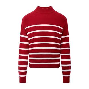 LILY2025冬新款羊毛混纺撞色条纹半高领套头通勤红色针织衫毛衣女