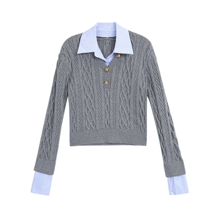 辰米范 学院假日 复古假两件polo领毛衣女修身短款内搭打底针织衫