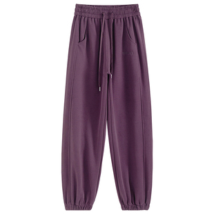 加绒防风裤女2025新款冬外穿休闲运动束脚卫裤灯笼小个子紫色裤子