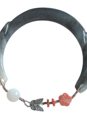 天然和田玉手镯女水墨古风半镯