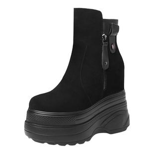 秋冬厚底超高跟真皮马丁靴14cm内增高女鞋磨砂皮拉链百搭松糕短靴