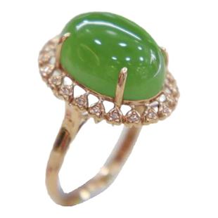 暑期礼天然和田玉戒指女a货俄料乌兰海苹果绿碧玉蛋面镶18k金戒指