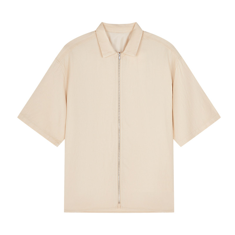 速写男装翻领短袖男士衬衫夏季新款宽松拉链纯色简约设计休闲衬衣