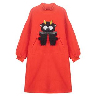 KEIKO 萌系卡通绣花短绒连衣裙25秋冬氛围感减龄加厚毛绒卫衣长裙