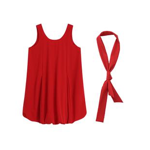 Bobbybecky甜美复古红色花苞大U领无袖连衣裙