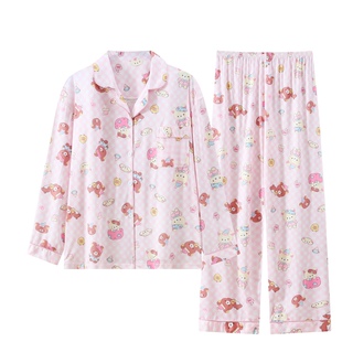 春秋季轻松熊睡衣女可爱格子熊妹甜美卡通翻领长袖长裤家居服套装