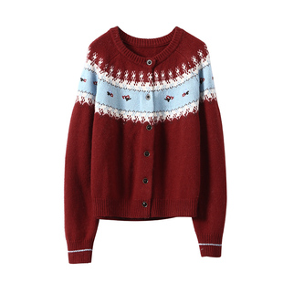 淘么淘 奢贵浣熊绒 复古撞色提花宽松圆领羊毛针织开衫毛衣女新款