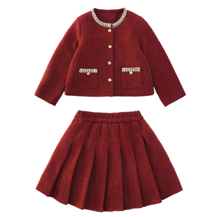 女童裙子冬季2025新款中大童女孩国潮红色拜年服秋冬儿童冬装套装