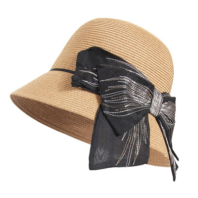 帽子女刺绣蝴蝶结装饰遮阳盆帽