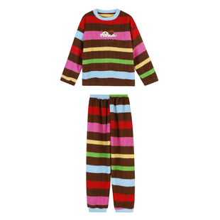 馨帮帮Homedress 彩虹条纹小狗珊瑚绒睡衣套装冬季女款套头家居服