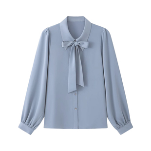 法式蓝色蝴蝶结系带衬衫女长袖秋季大码通勤面试穿搭职业正装上衣