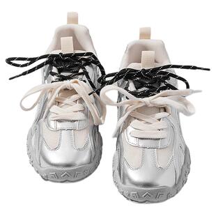 达芙妮内增高德训鞋女2026新款春季透气网鞋银色厚底芭蕾运动鞋子