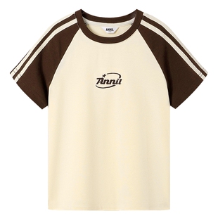 安奈儿女童圆领短袖T恤针织衫2025夏季新款插肩运动休闲弹力半袖