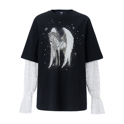 新款印花蕾丝拼接袖宽松T恤