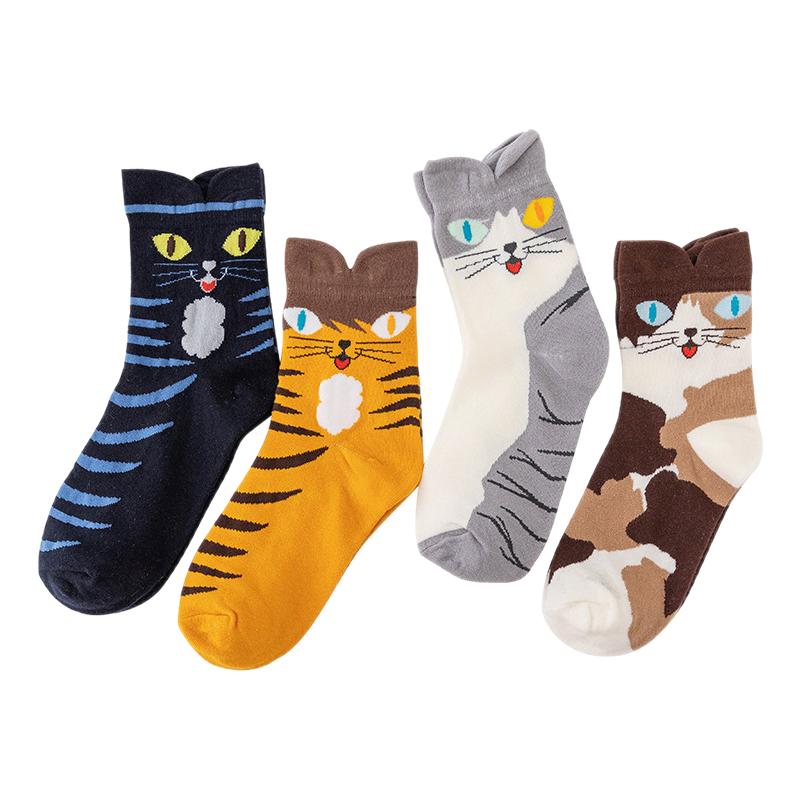 可爱猫条纹袜 女袜 秋冬季保暖女袜 动物条纹 中长筒袜
