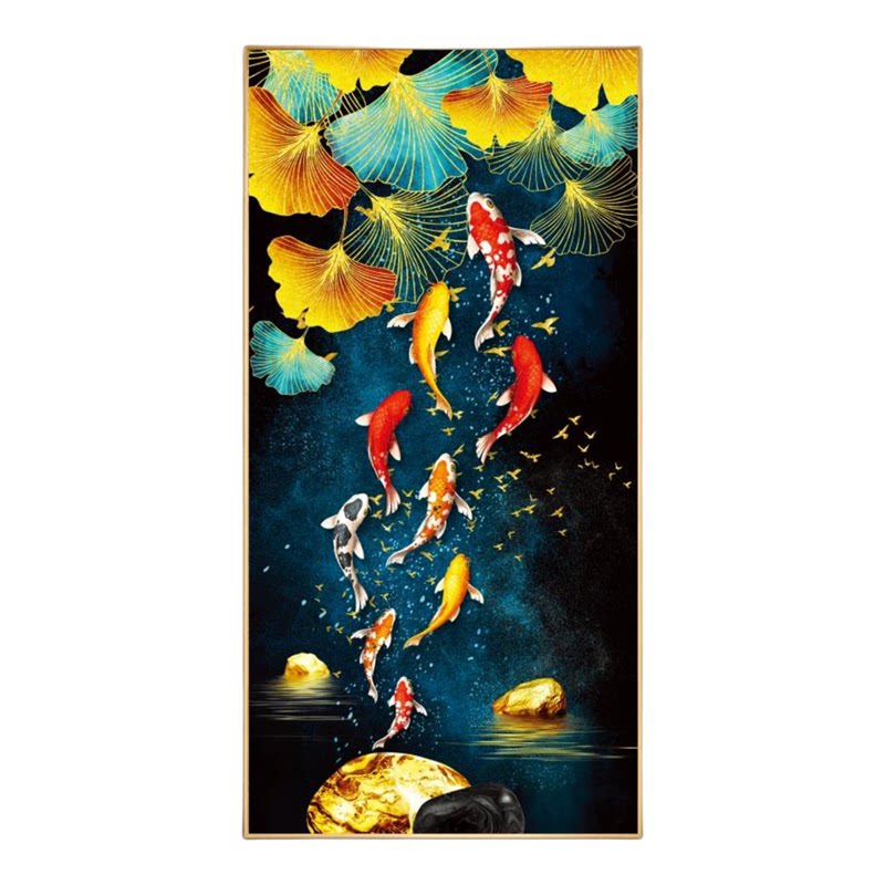 九鱼图玄关装饰画新中式入户正对门走廊过道客厅墙纸壁画