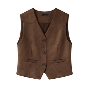 拉夏贝尔/La Chapelle复古仿麂皮绒马甲女秋季V领单排扣百搭上衣