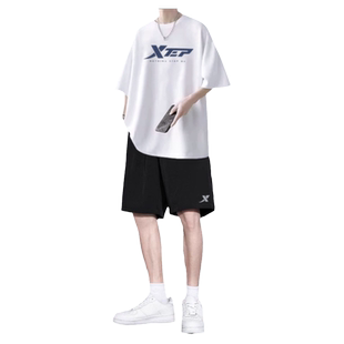 特步跑步运动套装男夏季透气宽松休闲运动服青少年健身房短袖短裤