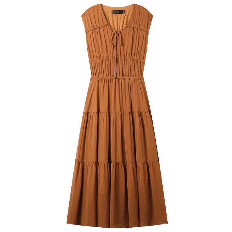 白鹿语V领系带修身飘逸女裙子夏款优雅气质美拉德风短袖连衣裙